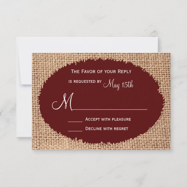 Rustic Country Burlap Maroon Mariage rouge RSVP (Devant)