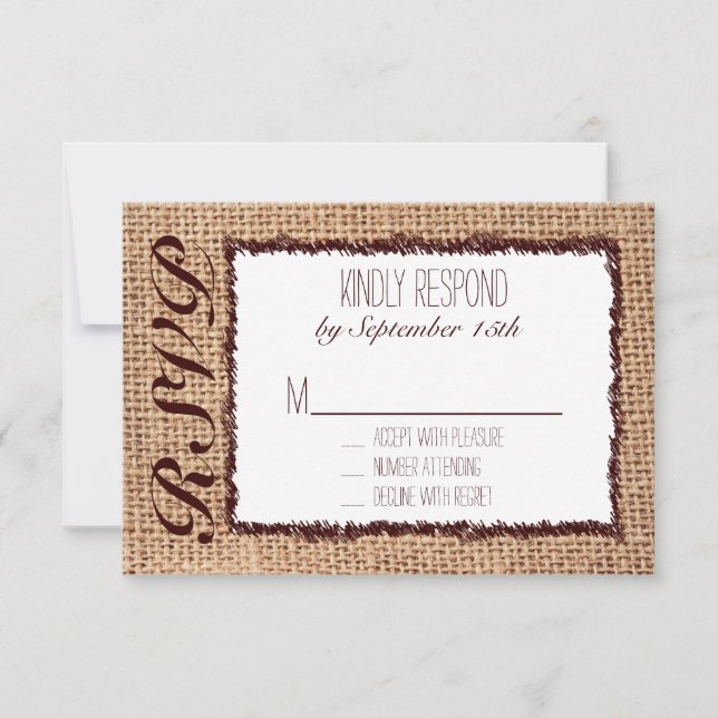 Rustic Country Burlap Print Wedding RSVP Karten (Vorderseite)