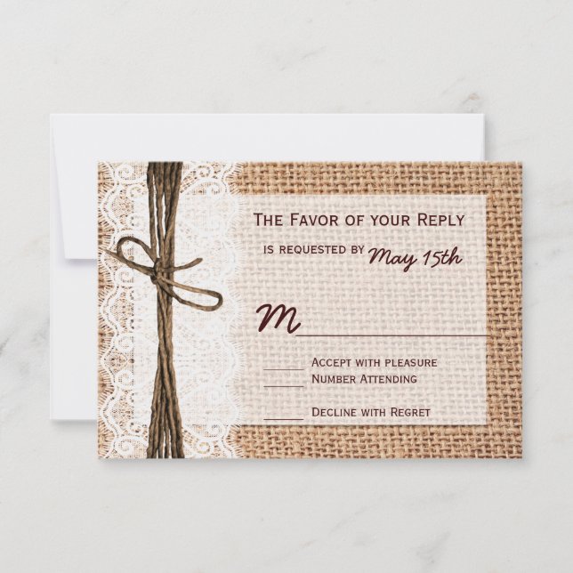 Rustic Country Burlap Print Wedding RSVP Karten (Vorderseite)