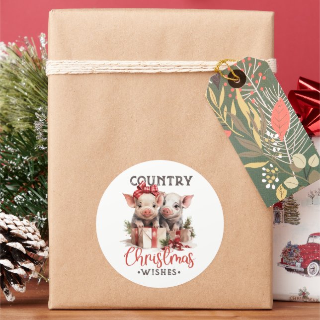 Rustic Country Christmas Wishes Cute Pig Runder Aufkleber (Feiertag)