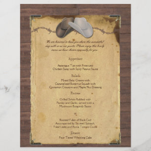 Rustic Country Cowboy Casquette Menu Mariage