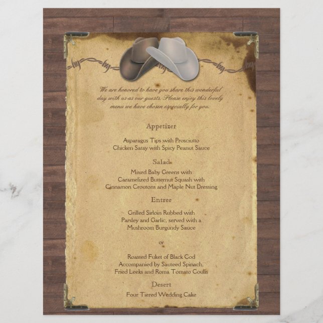 Rustic Country Cowboy Casquette Menu Mariage (Devant)