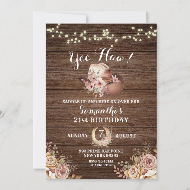 Rustic Country Cowgirl Floral Invitation d'anniver (Devant)