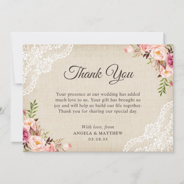 Rustic Country Floral Lace Burlap Vielen Dank Dankeskarte (Vorderseite)