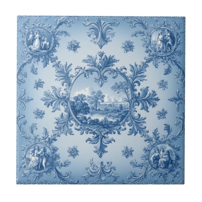 Rustic Country Floral Motif Dusty Blue Muted Tones Fliese (Vorderseite)