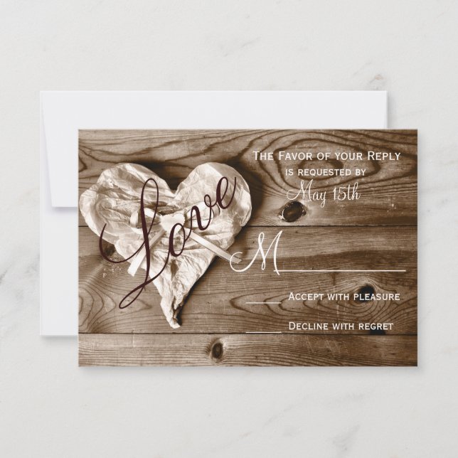Rustic Country Grange Wood Love Heart Wedding RSVP (Devant)