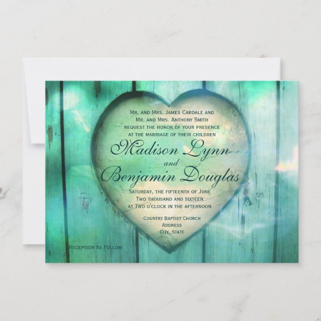 Rustic Country Heart Aqua Wood Wedding Invitations (Devant)