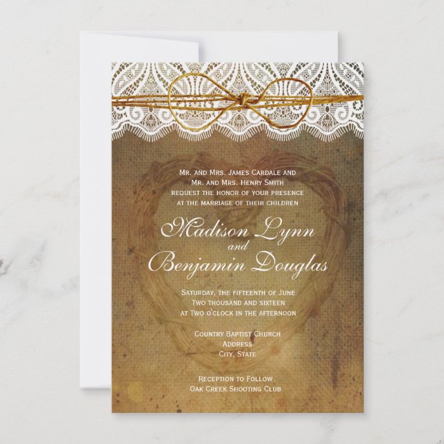 Rustic Country Heart Lace Mariage Invitations (Devant)