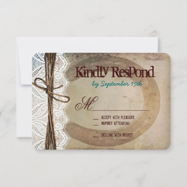 Rustic Country Horseshoe Aquamarin Wedding RSVP Ca (Vorderseite)
