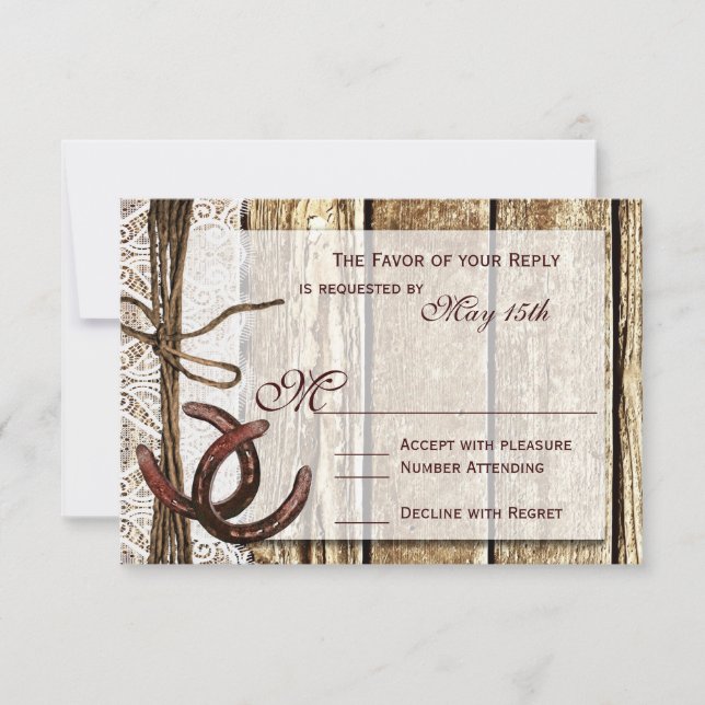 Rustic Country Horseshoe Wood Wedding RSVP Cards (Vorderseite)