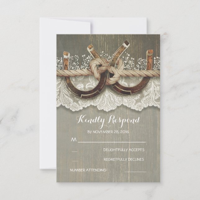 Rustic Country Horseshoes Wood Lace Wedding RSVP (Devant)