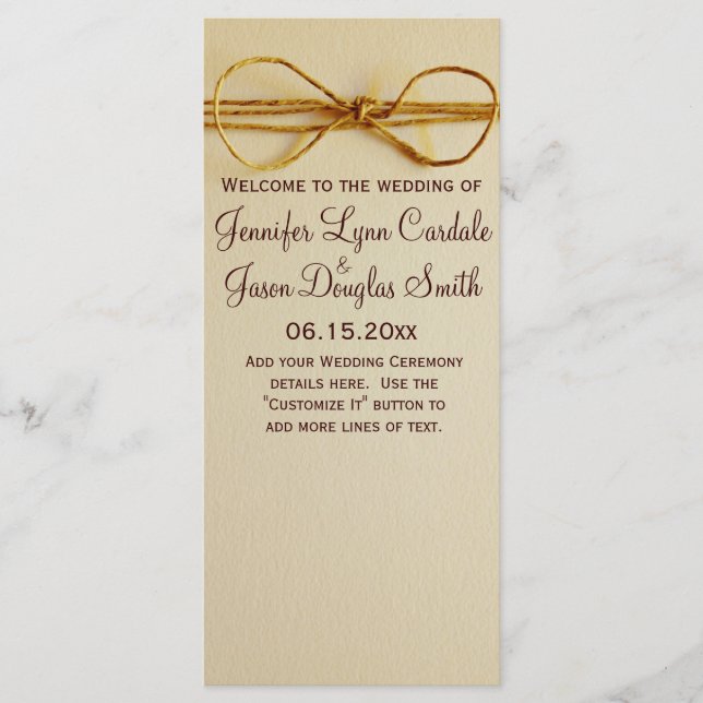 Rustic Country Imprimé Twine Bow Wedding Programme (Devant)