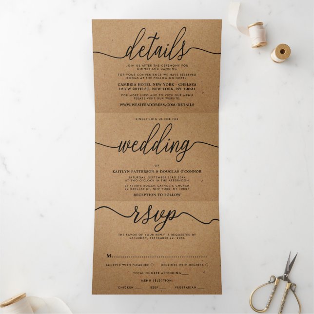 Rustic Country Kraft Simple Script Wedding Suite Dreifach Gefaltete Einladung (Innenseite)