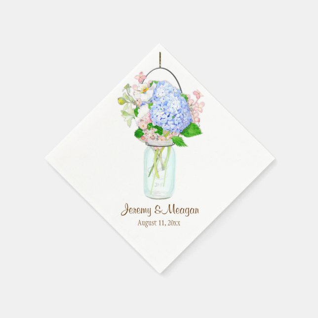 Rustic Country Mason Jar Blume Blue Hydrangeas Serviette (Ecke)