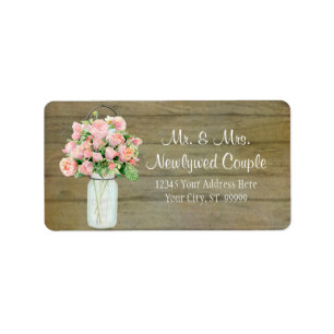 Rustic Country Mason Jar Blush Pink Roses Bouquet Adressaufkleber