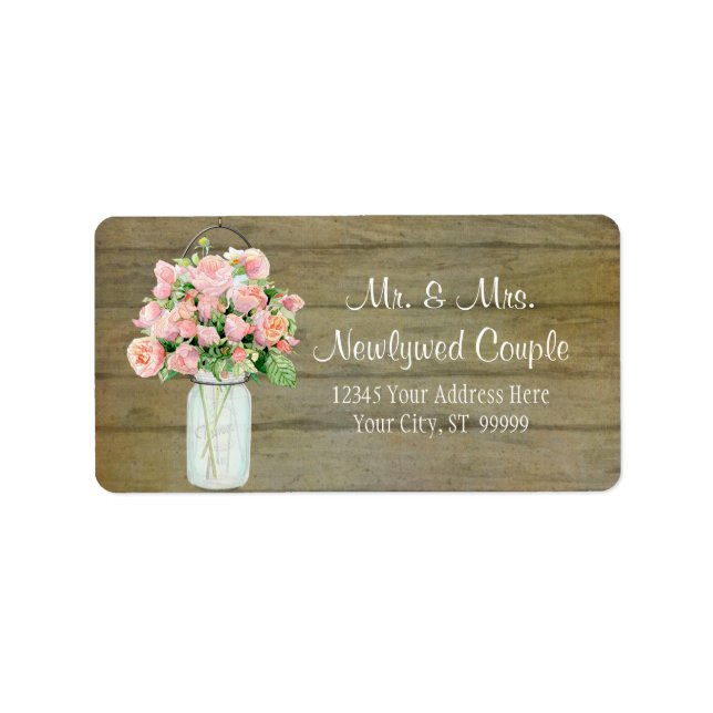 Rustic Country Mason Jar Blush Pink Roses Bouquet Adressaufkleber (Vorne)