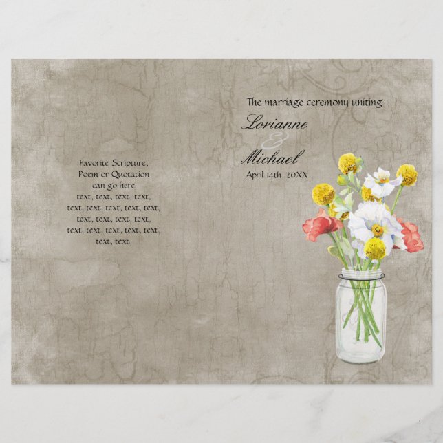 Rustic Country Mason Jar Bouquet Hochzeitsprogramm (Vorderseite)