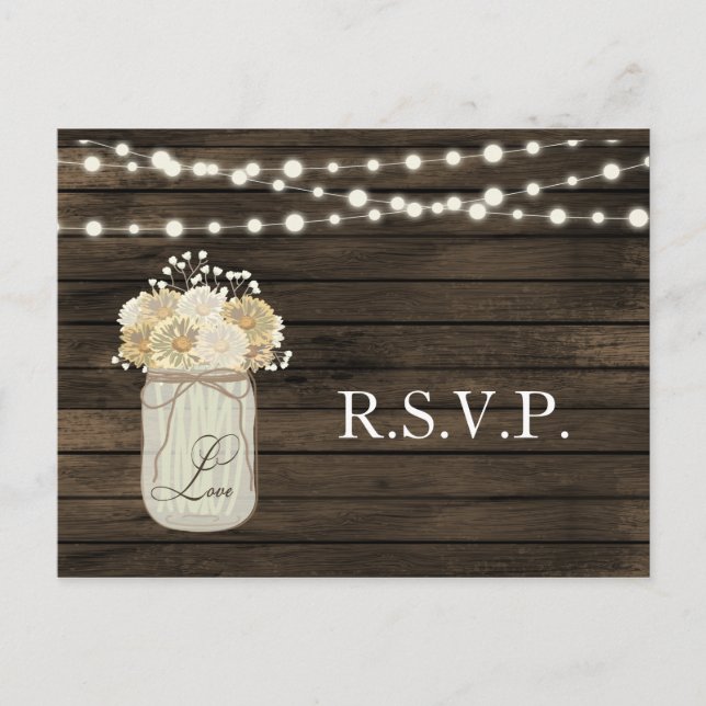 Rustic Country Mason Jar Daisy Barn Wood Wedding Einladungspostkarte (Vorderseite)