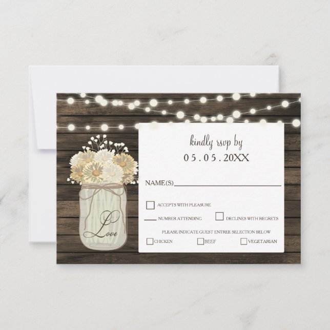 Rustic Country Mason Jar Daisy Barn Wood Wedding RSVP Karte (Vorderseite)
