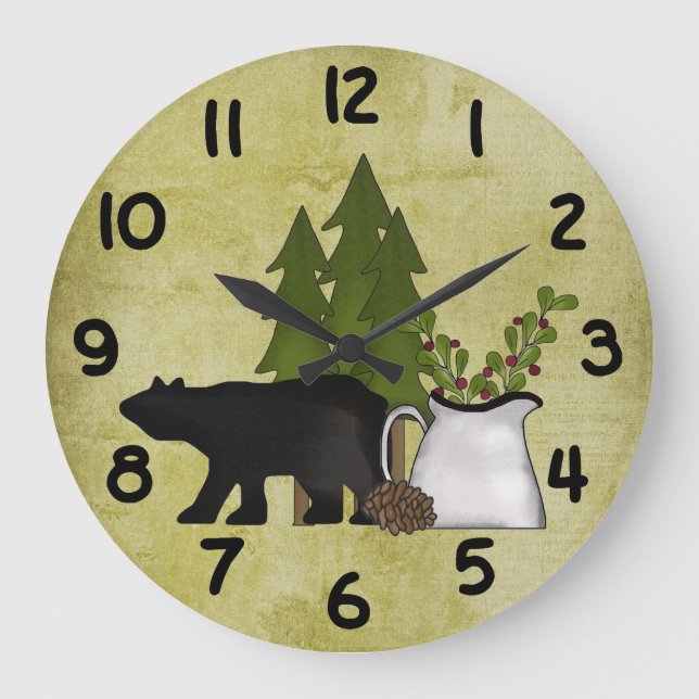 Rustic Country Mountain Bear Wall Clock Große Wanduhr (Vorderseite)