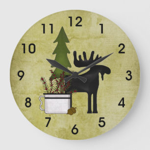 Rustic Country Mountain Silhouette Moose Große Wanduhr