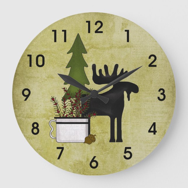 Rustic Country Mountain Silhouette Moose Große Wanduhr (Vorderseite)