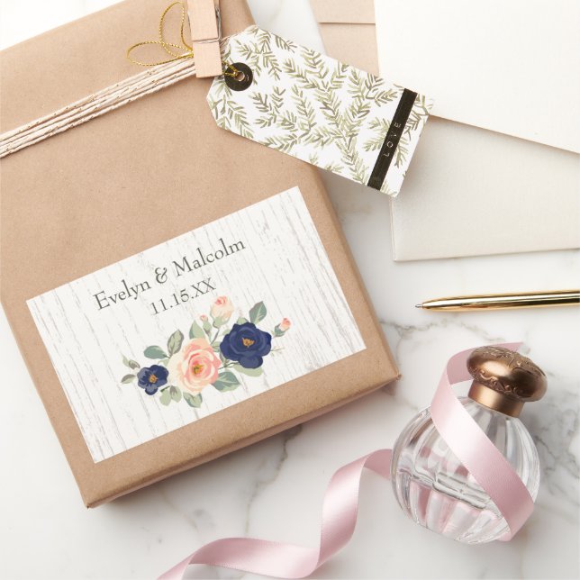Rustic Country Navy Blue and Peach Floral Wedding  Rechteckiger Aufkleber (Schenken)