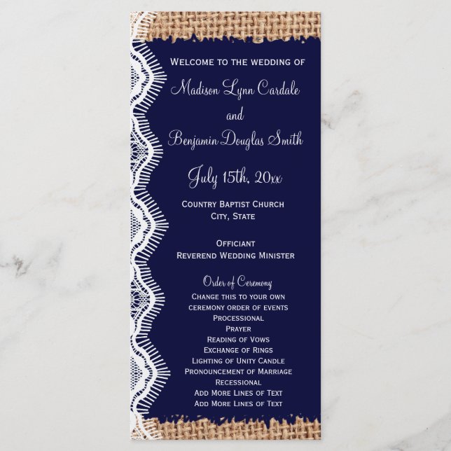 Rustic Country Navy Burlap Imprimer Programmes de  (Devant)