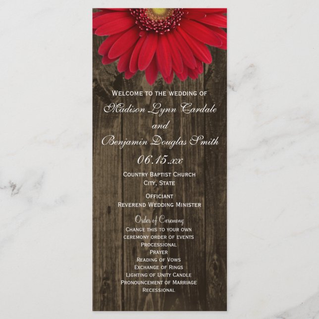 Rustic Country Red Daisy Programmes de mariage (Devant)