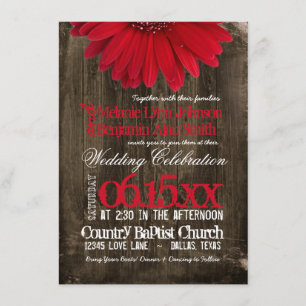 Rustic Country Red Daisy Wood Wedding Invitations