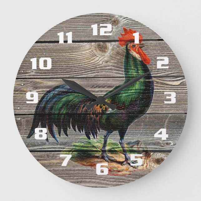 Rustic Country Rooster Küche Große Wanduhr (Vorderseite)