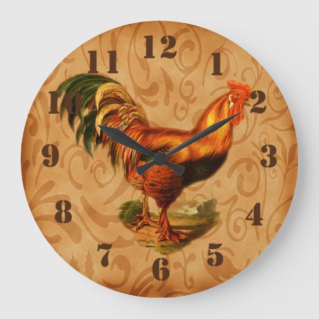 Rustic Country Rooster Ornate Kitchen Große Wanduhr (Vorderseite)