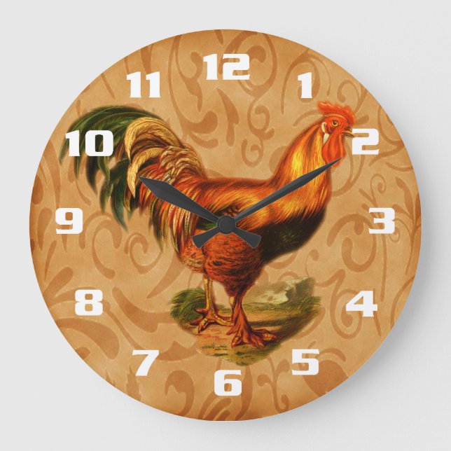 Rustic Country Rooster Ornate Kitchen Große Wanduhr (Vorderseite)
