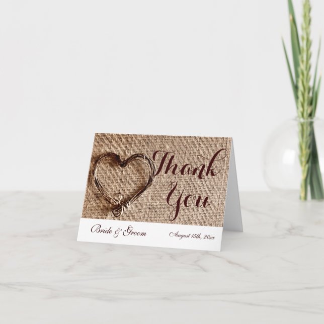 Rustic Country Twine Heart Mariage Merci Cartes (Devant)