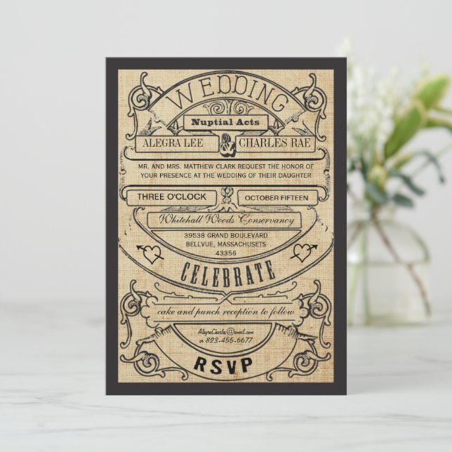 Rustic Country Typography Ticket Wedding Invite Einladung (Stehend Vorderseite)