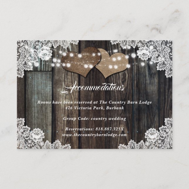 Rustic Country Wedding Hotel Übernachtungskarte Begleitkarte (Vorderseite)