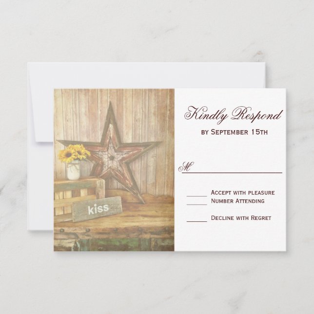 Rustic Country Western Star Kiss Wedding RSVP Card (Vorderseite)