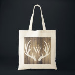 Rustic Country White Antlers & Barn Wood Tragetasche<br><div class="desc">Rustic country white deer antlers and barn wood planks print monogram tote bag.</div>