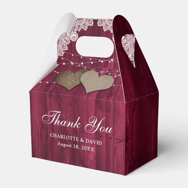 Rustic Country Wood Burgundy Wedding Vielen Dank Geschenkschachtel (Vorderseite)