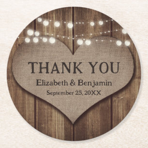 Rustic Country Wood Burlap Heart Wedding Vielen Da Runder Pappuntersetzer