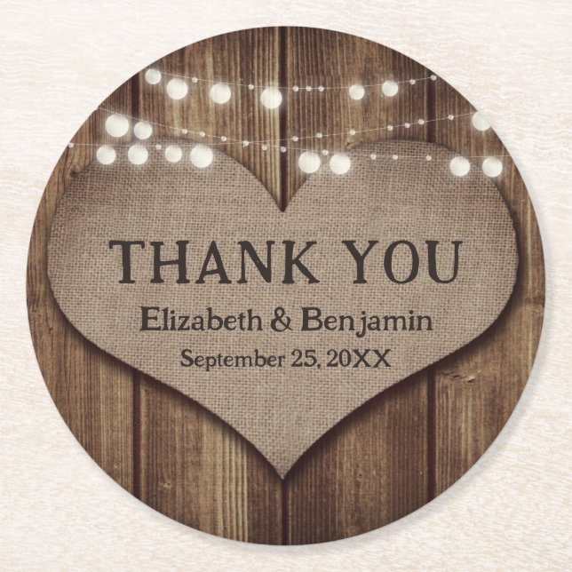 Rustic Country Wood Burlap Heart Wedding Vielen Da Runder Pappuntersetzer (Vorderseite)