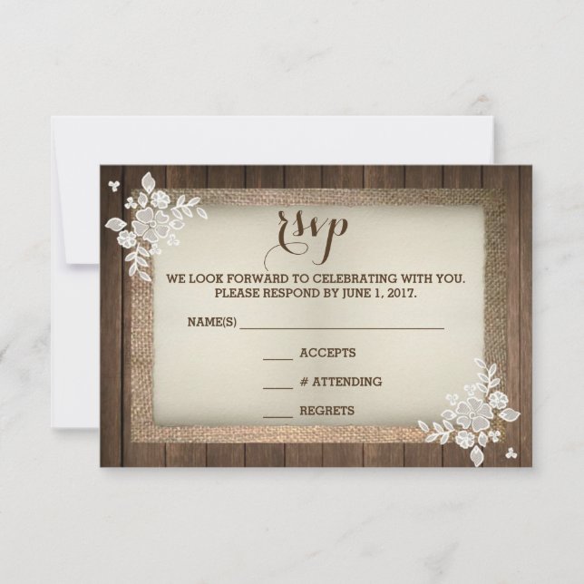 Rustic Country Wood Burlap Lace Wedding RSVP Card Karte (Vorderseite)