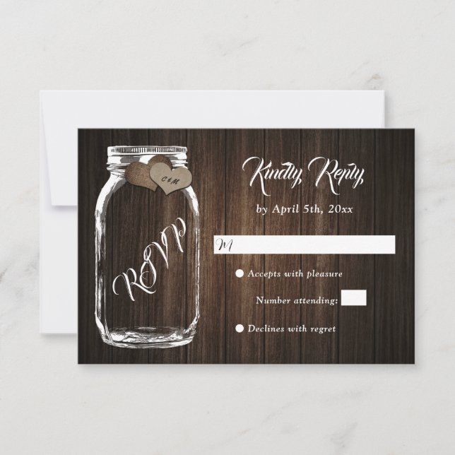 Rustic Country Wood Heart Mason Jar Wedding RSVP Karte (Vorderseite)