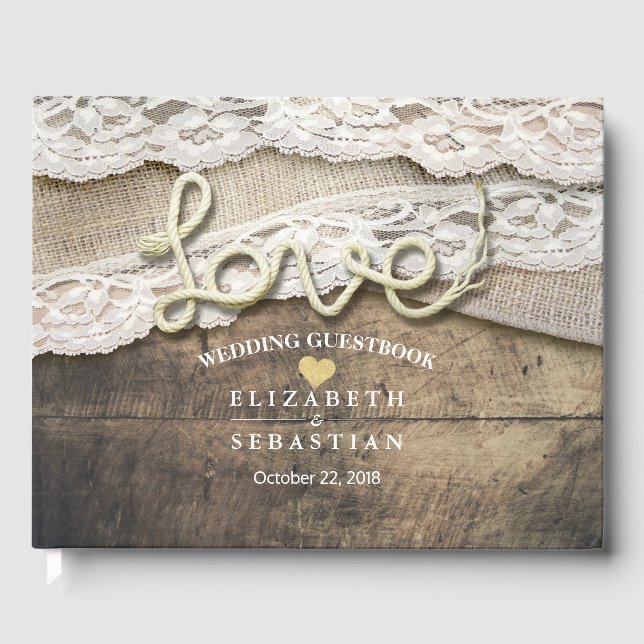 Rustic Country Wood Liebe Rope Wedbook Gästebuch (Vorderseite)
