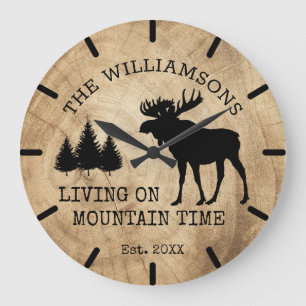 Rustic Country Wood Living on Mountain Time Moose Große Wanduhr