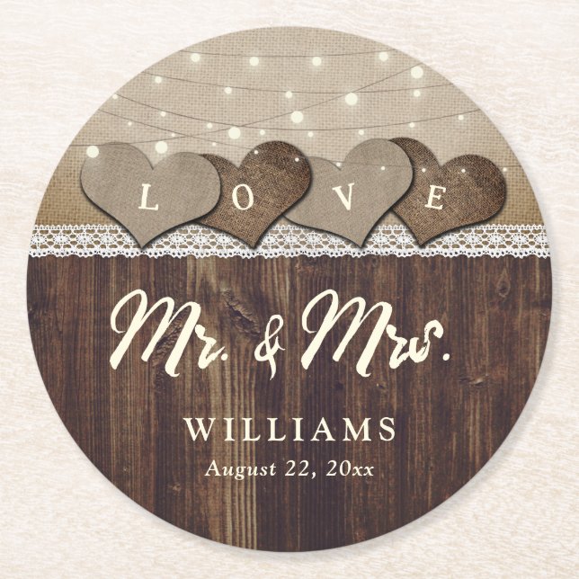 Rustic Country Wood Mr. und Mrs. Wedding Runder Pappuntersetzer (Vorderseite)