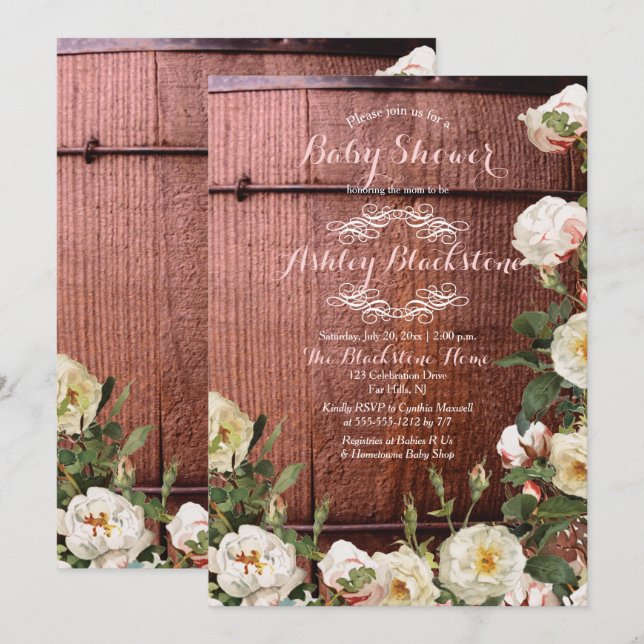 Rustic Country Wood Scotch Rose Babydusche Einladung (Vorne/Hinten)