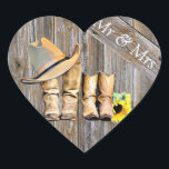 Rustic Cowboy and Cowgirl Wedding Mr. and Mrs. Herz-Aufkleber<br><div class="desc">Rustikales Land und Western,  "Mr. and Mrs." Cowboy und Cowgirl Stiefel und Hut mit Sonnenblumen Hochzeitskleber.</div>