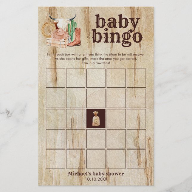 Rustic Cowboy Baby Shower Cactus Desert Bingo Game (Vorderseite)