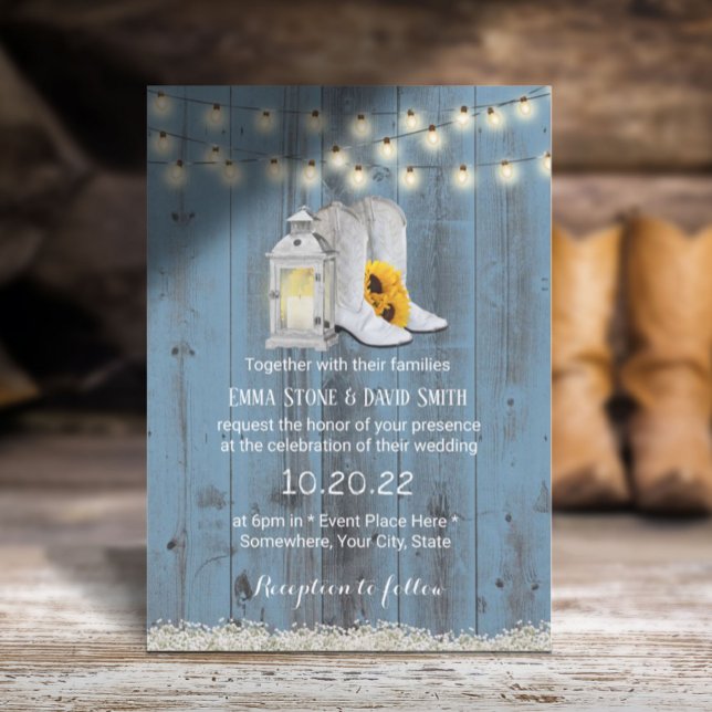 Rustic Cowboy Boots Lantern Dusty Blue Wedding Einladung (Von Creator hochgeladen)